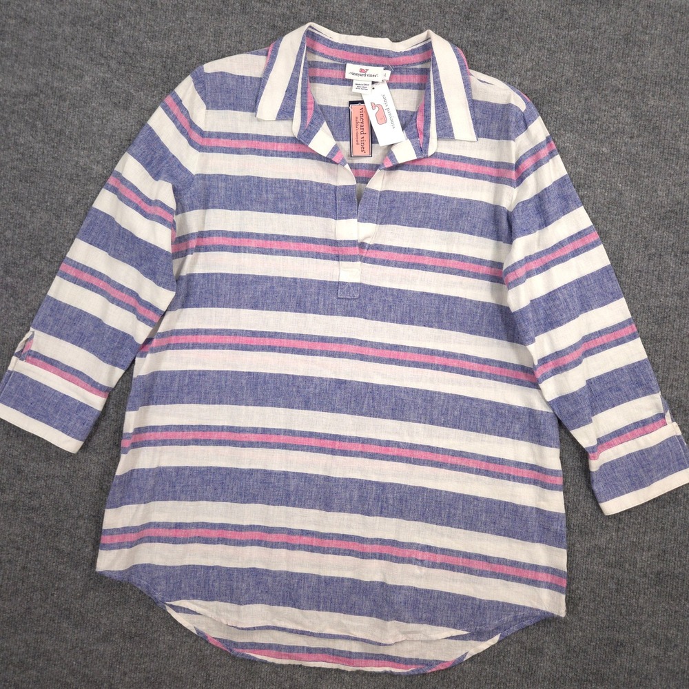 Vineyard Vines St Jean Lucaya Tunic Womens L Blue Pink Striped Linen Blend